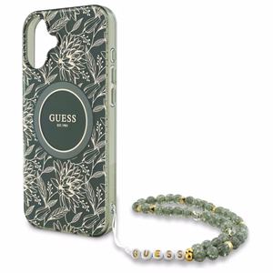Guess IML Flowers Allover Electro With Pearl Strap MagSafe viedtālruņa apvalks iPhone 16 - zaļš