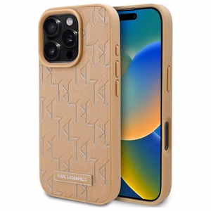 Karl Lagerfeld ādas monogrammas metāla logotipa magnētiskais viedtālruņa apvalks iPhone 16 Pro - bēšs
