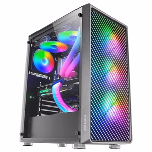 Mars Gaming MC-F ATX spēļu pus-torņa korpuss, pilns rūdīts stikls, metāla sieta priekšpuse, 4× 120 mm ARGB ventilatori, melns