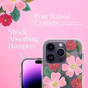 Rifle Paper Clear vāciņš ierīcei iPhone 14 Pro, ar zelta krāsas rotājumu, ar “Rose Garden” rakstu