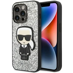 Karl Lagerfeld KLHCP14LGFKPG iPhone 14 Pro 6.1 cietais viedtālruņa apvalks sudraba mirdzošas pārslas Ikonik