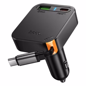 Автомобильное зарядное устройство Hoco с выдвижным кабелем 2 x USB C + USB A QC PD 65W NZ18 чёрное