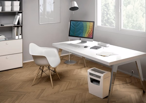 Leitz IQ Home Office P-4 dokumentu smalcinātājs ar daļiņu griezumu, 22 cm, balts
