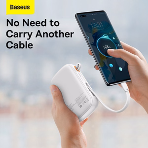 Baseus Qpow ar digitālo indikatoru portatīvais lādētājs ar ātru uzlādi 20000mAh 22.5W QC/PD/SCP/FCP ar iebūvētu USB-C kabeli balta