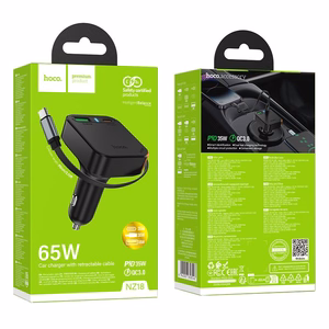 Automobiļa lādētājs Hoco ar ievilkamu kabeli 2 x USB C + USB A QC PD 65W NZ18 melns