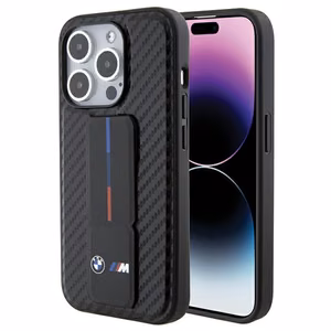 BMW ar statīvu gluds un oglekļa viedtālruņa apvalks iPhone 15 Pro - melns