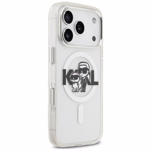 Karl Lagerfeld IML Glitter Karl & Choupette Sketch Logo Magnētiskais viedtālruņa apvalks iPhone 17 Pro - caurspīdīgs