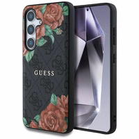 Guess ādas 4G ziedu raksta metāla klasiskais logotips magnētiskais viedtālruņa apvalks Samsung Galaxy S25 - melns
