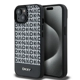 DKNY Ādas drukāts raksts metāla logotips Magnētiskais viedtālruņa apvalks iPhone 15 / 14 / 13 - melna