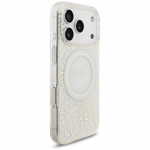 Guess IML Flowers Allover Electroplated MagSafe maciņš ar pērļu siksniņu modelim iPhone 18 Pro / 17 Pro – krāsa: balta