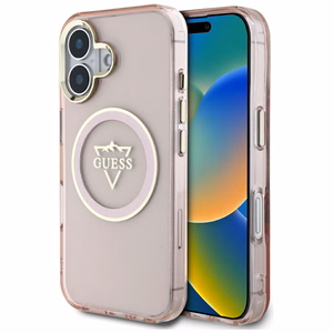 Guess IML Metal Mountain Logo Magnētiskais iPhone 16 viedtālruņa apvalks - rozā