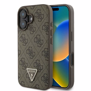 Guess Ādas 4G Trīsstūra Strass Magnētiskais iPhone 16 viedtālruņa apvalks - brūna