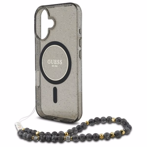 Guess IML Spīdīgs Ar Pērļu Siksniņu Magnētiskais viedtālruņa apvalks iPhone 16 - melns