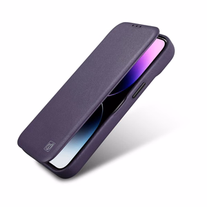 iCarer CE Premium ādas folio viedtālruņa apvalks iPhone 14 Plus magnētiskais atveramais ādas folio apvalks MagSafe tumši violeta