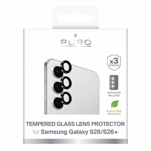 Puro rūdīts stikls aizmugurējai kamerai priekš Samsung Galaxy S26 un S26 Plus ar melnu rāmi