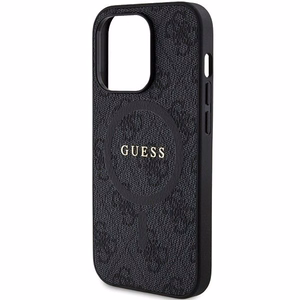 Guess 4G kolekcija ādas metāla logotips Magnētiskais apvalks iPhone 15 Pro - melns