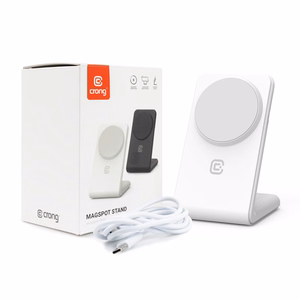 Crong MagSpot Stand 2 vienā bezvadu lādētājs iPhone un AirPods ierīcēm, saderīgs ar MagSafe, balts