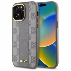 DKNY Ādas rūtainais mono raksts Magnētiskais viedtālruņa apvalks iPhone 14 Pro Max - bēša