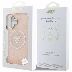 Guess IML Metal Glitter 4G Circle Triangle magnētiskais viedtālruņa apvalks iPhone 16 - rozā