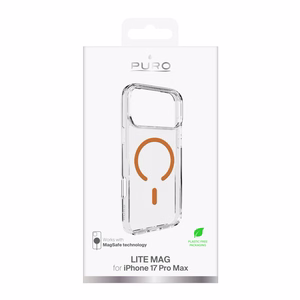 Puro Lite Mag TPU+PC viedtālruņa apvalks saderīgs ar MagSafe iPhone 17 Pro Max - caurspīdīgs ar oranžu gredzenu