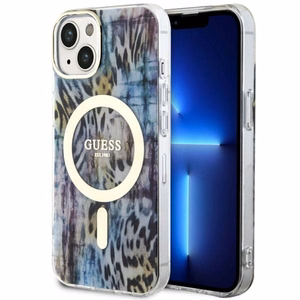 Guess Leopard Magnētiskais viedtālruņa apvalks iPhone 14 - zila