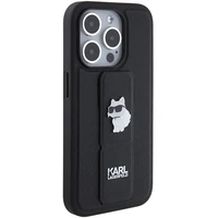 Karl Lagerfeld Gripstand Saffiano Choupette Pins viedtālruņa apvalks iPhone 15 Pro Max - melns