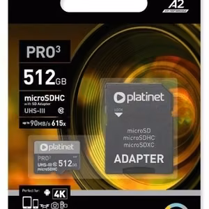 Atmiņas karte Platinet MicroSD 512GB (class10 UHS-III 90MB/s) + SD adapteris