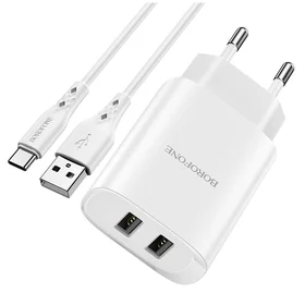 Borofone Sienas lādētājs BN2 Super - 2xUSB - 2,1A ar USB uz Type C balts