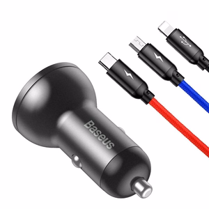 Автомобильное зарядное устройство Baseus с дисплеем 24W + USB кабель 3в1 Baseus Three Primary Colors 1,2м