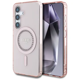 Guess Kristāli Drukāts Klasiskais Logotips Magnētiskais Samsung Galaxy S25 Viedtālruņa apvalks rozā