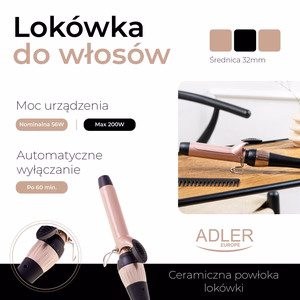 Adler AD 2118 – ceramic curling iron, 32 mm, up to 200 °C, 56 W, black/pink
