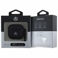 Mercedes MEA4CSLBK AirPods 4 ādas apvalks ar metāla logotipu, melns