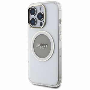 Guess IML Metal Colored Circle Classic Logo Magnētiskais viedtālruņa apvalks iPhone 16 Pro - pelēks