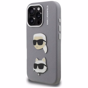 Karl Lagerfeld FW Grained Karl & Choupette Heads Pins Maciņš iPhone 16 Pro - pelēks