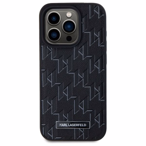 Karl Lagerfeld Ādas monogramma Metāla logotips Magnētiskais viedtālruņa apvalks iPhone 15 Pro - melns