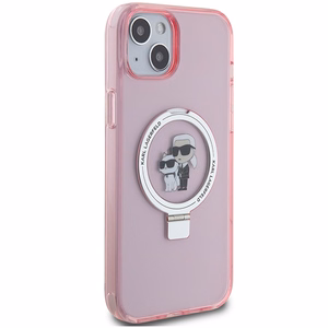 Karl Lagerfeld apvalks ar gredzena statīvu Karl&Choupette Magnētiskais iPhone 15 Plus - rozā