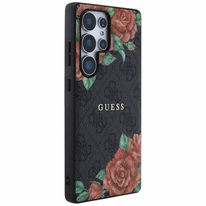 Guess ādas 4G ziedu raksta metāla klasiskais logotips magnētiskais viedtālruņa apvalks Samsung Galaxy S25 Ultra - melns