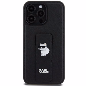 Karl Lagerfeld Gripstand Saffiano Choupette Pins viedtālruņa apvalks iPhone 13 Pro Max - melns