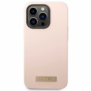 Guess Silicone Logo Plate MagSafe maciņš iPhone 14 Pro, rozā
