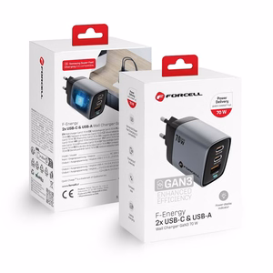 FORCELL F-ENERGY GaN III VT-37 ceļojuma lādētājs ar digitālo indikatoru 2 x Type C + USB A PD QC4.0 SAM SFC2.0 3,45A 70W pelēks