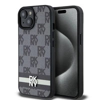 DKNY ādas rūtainais mono raksts un drukātas svītras viedtālruņa apvalks iPhone 15/14/13 - melns