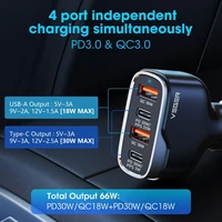VEGER automašīnas lādētājs 2 x USB A + 2 x Type C PD QC 3A 66W CC53-2A2C melns