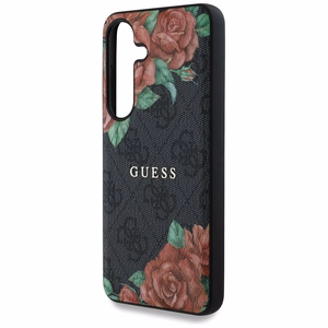 Guess ādas 4G ziedu raksta metāla klasiskais logotips magnētiskais viedtālruņa apvalks Samsung Galaxy S25 - melns