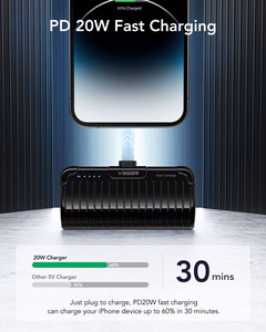 Внешний аккумулятор Veger PlugOn (W0558P) PD QC3.0 2,4A 20W 5000 mAh со встроенным коннектором Lightning чёрный