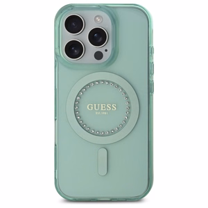 Guess IML Rhinestones Magnētiskais viedtālruņa apvalks iPhone 16 Pro Max - zaļš