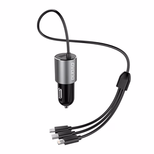 Dudao 3in1 USB automobiļu lādētājs ar iebūvētu kabeli Lightning / USB Type C / micro USB - melns (m)