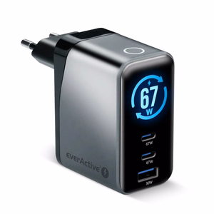everActive GaN 67W – 67 W GaN tīkla lādētājs ar 1× USB-A un 2× USB-C, Quick Charge 4+, melns