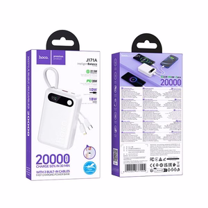 Portatīvais lādētājs Hoco 20000 mAh QC PD 2A 22,5W ar iebūvētiem kabeļiem USB C + Lightning J171A balts