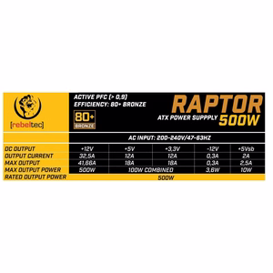 Rebeltec ATX barošanas bloks RAPTOR 500W 80+ Bronze, Single Rail, DC-DC