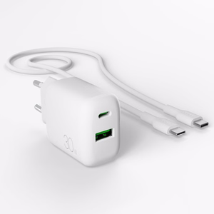 Puro PROLITE 30W USB-A / USB-C sienas lādētājs + USB-C - USB-C kabelis 1.2m - balts